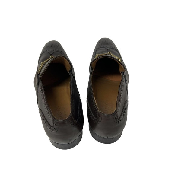Gucci Men Shoes Brown Leather Sz 8.5 Loafer Slip On Horsebit Wingtip Italy - Picture 5 of 12